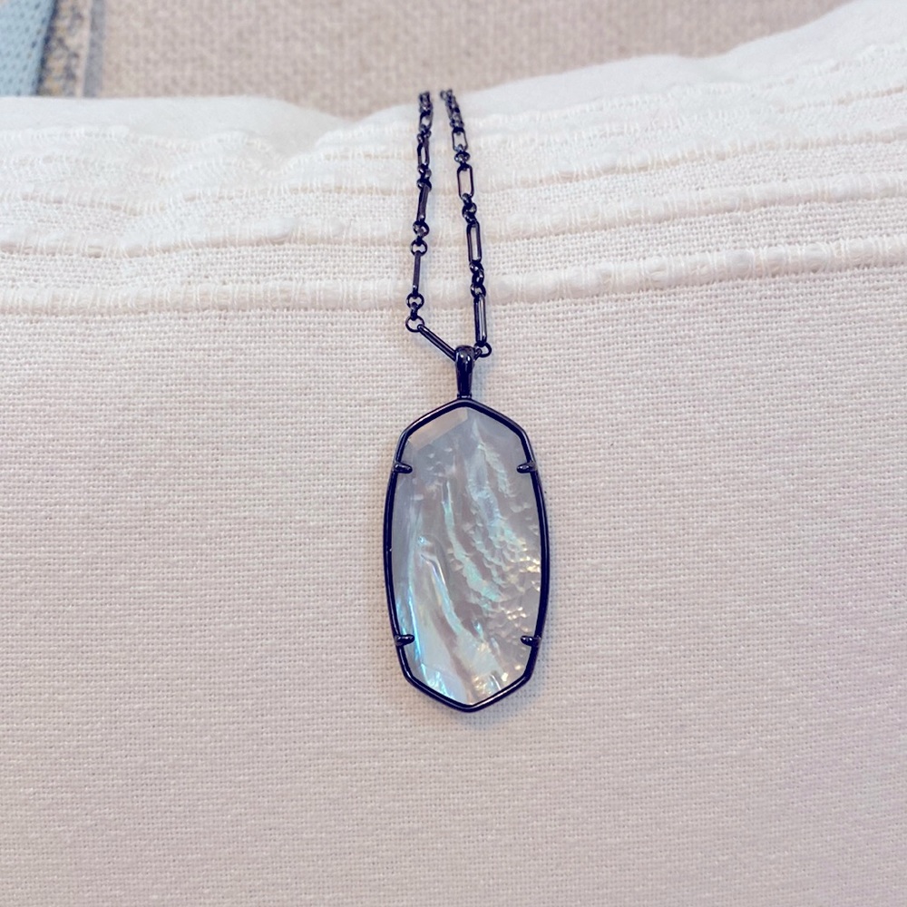 Kendra Scott Long Gun Metal Necklace with Opal Stone